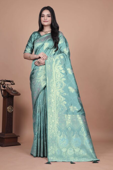 Teal Banarasi Silk Saree with Golden Zari | Floral & Peacock Motifs | Wedding, Festive & Traditional Wear